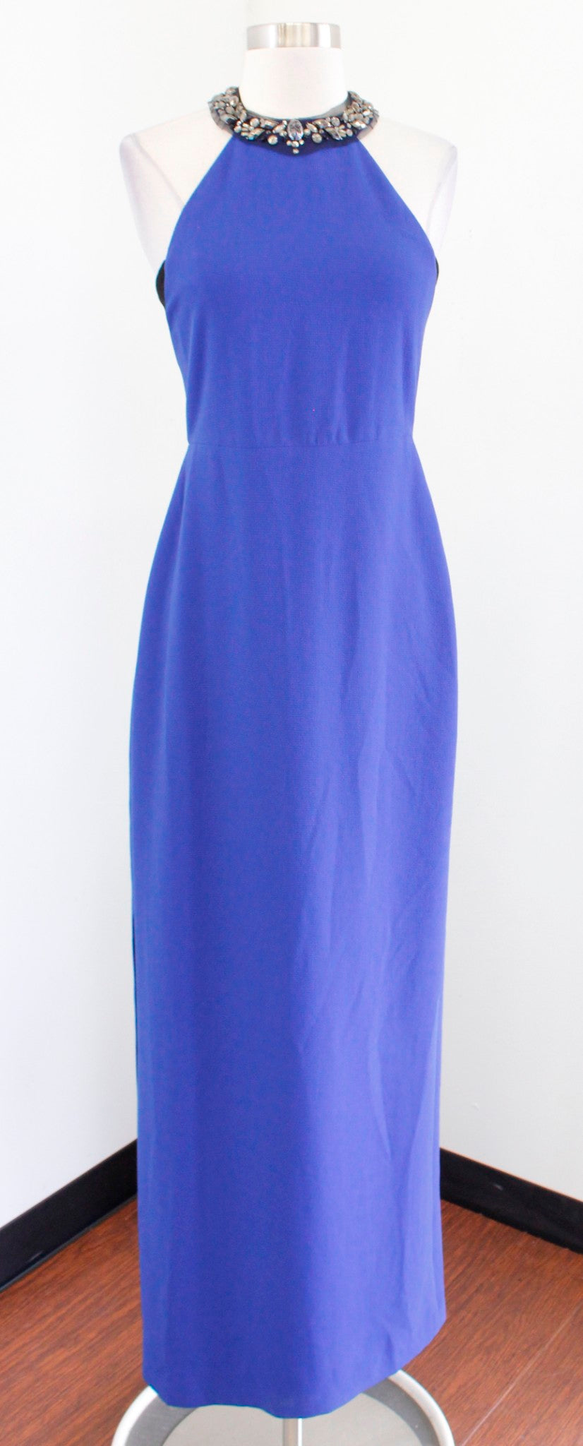 BCBG Max Azria Viviane Blue Beaded Collar Halter Evening Dress Formal Gown Sz 2