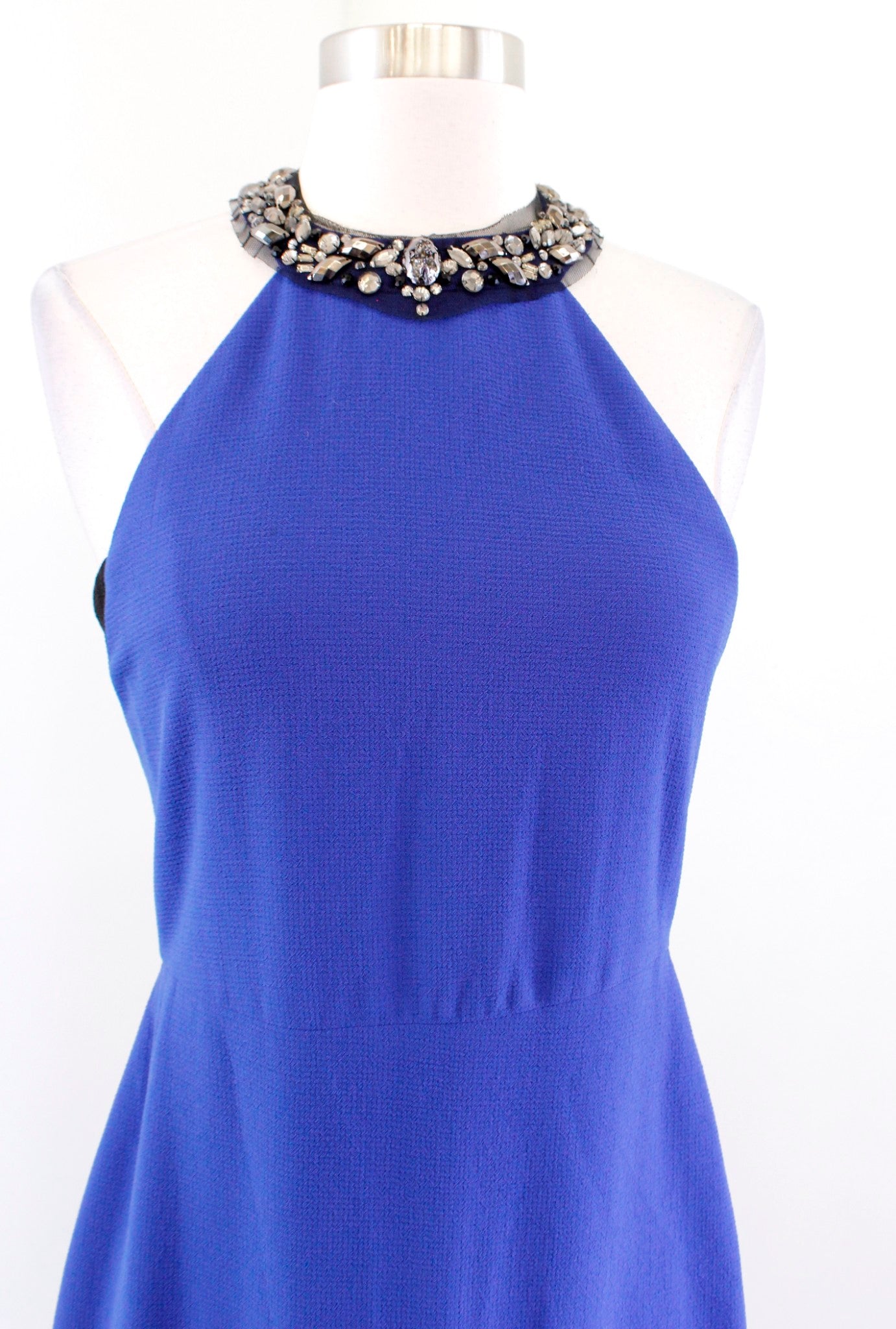 BCBG Max Azria Viviane Blue Beaded Collar Halter Evening Dress Formal Gown Sz 2