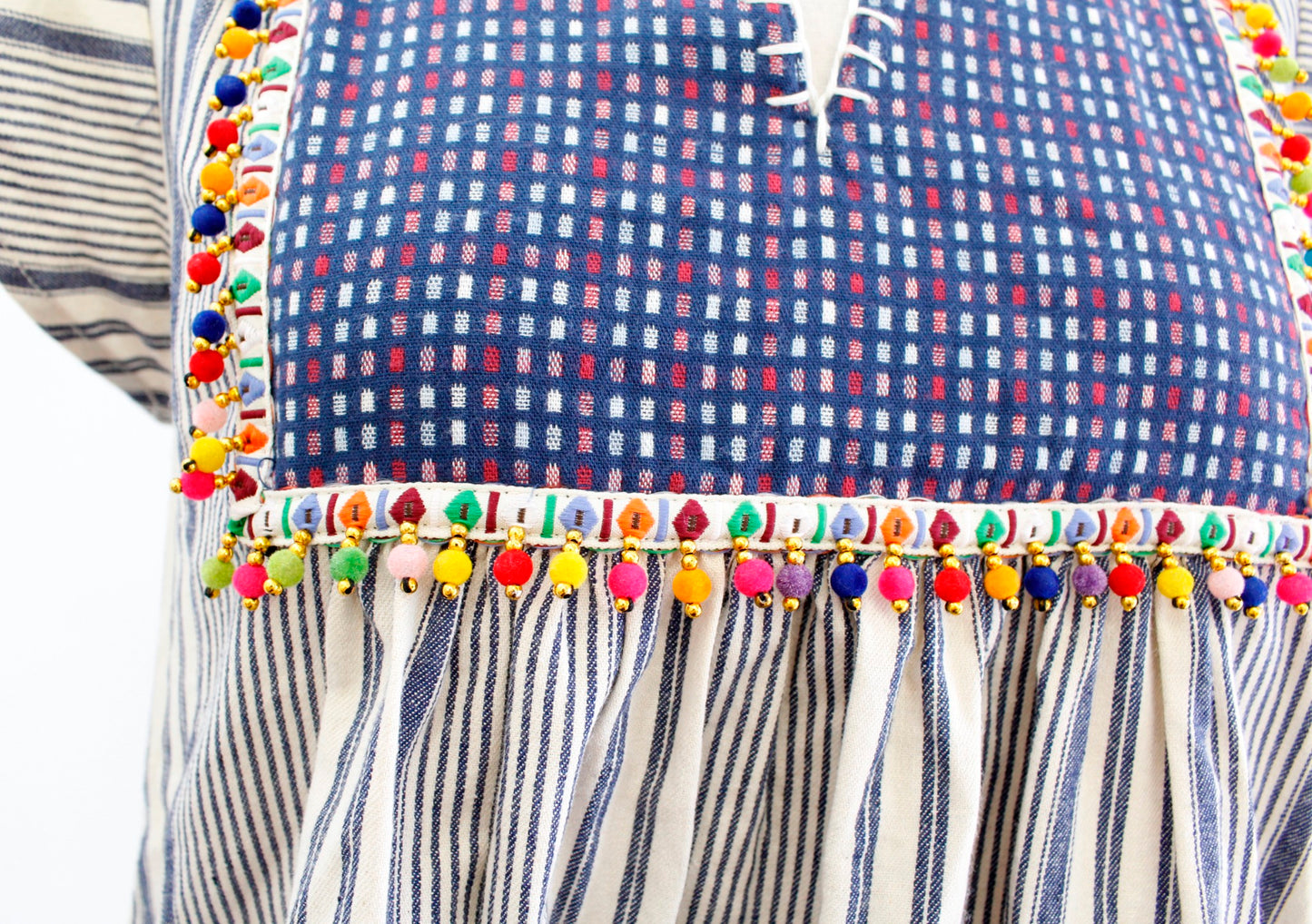 THML Striped Embroidered Pompom Trim Flutter Sleeve Tunic Shift Dress Size S