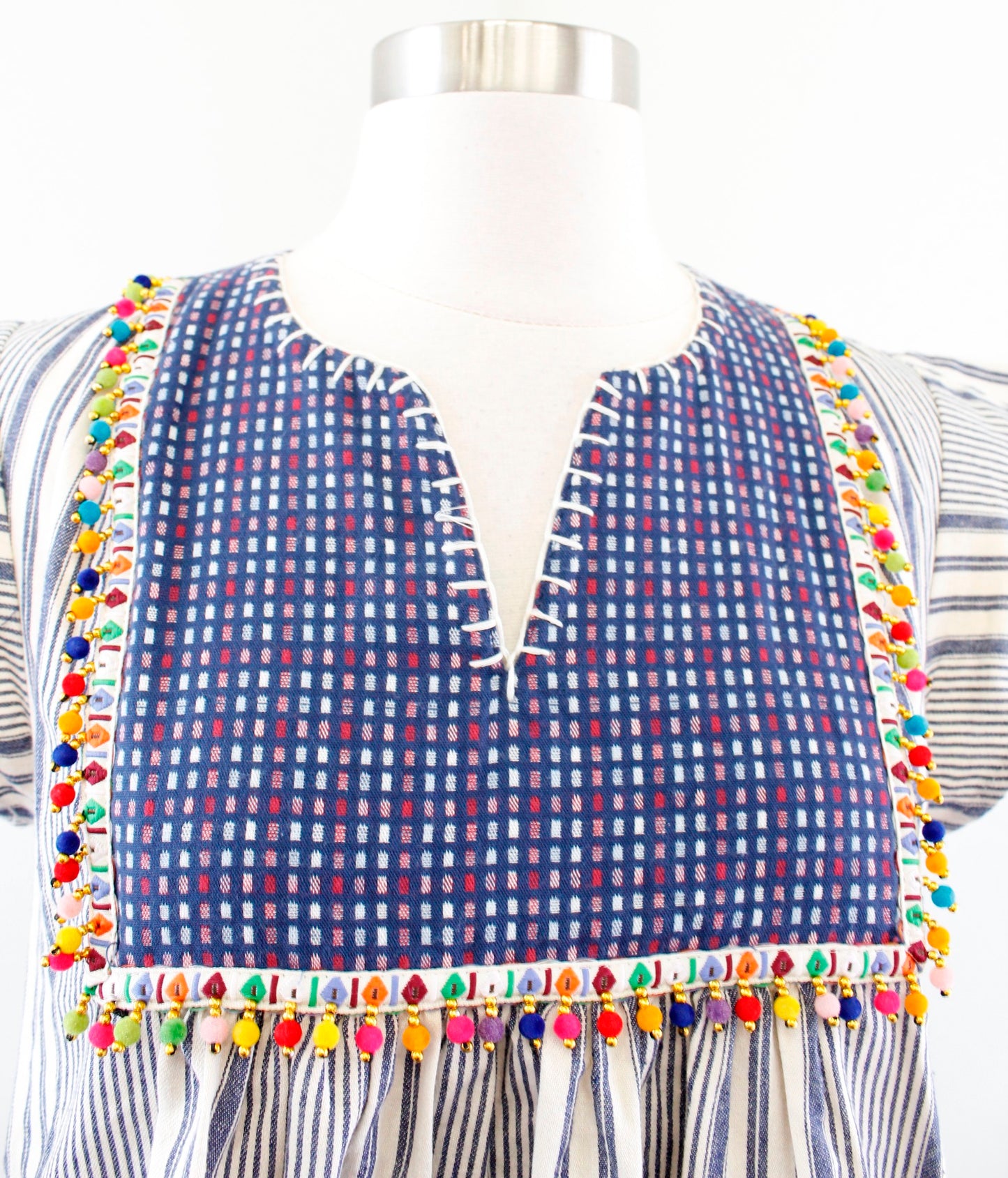 THML Striped Embroidered Pompom Trim Flutter Sleeve Tunic Shift Dress Size S
