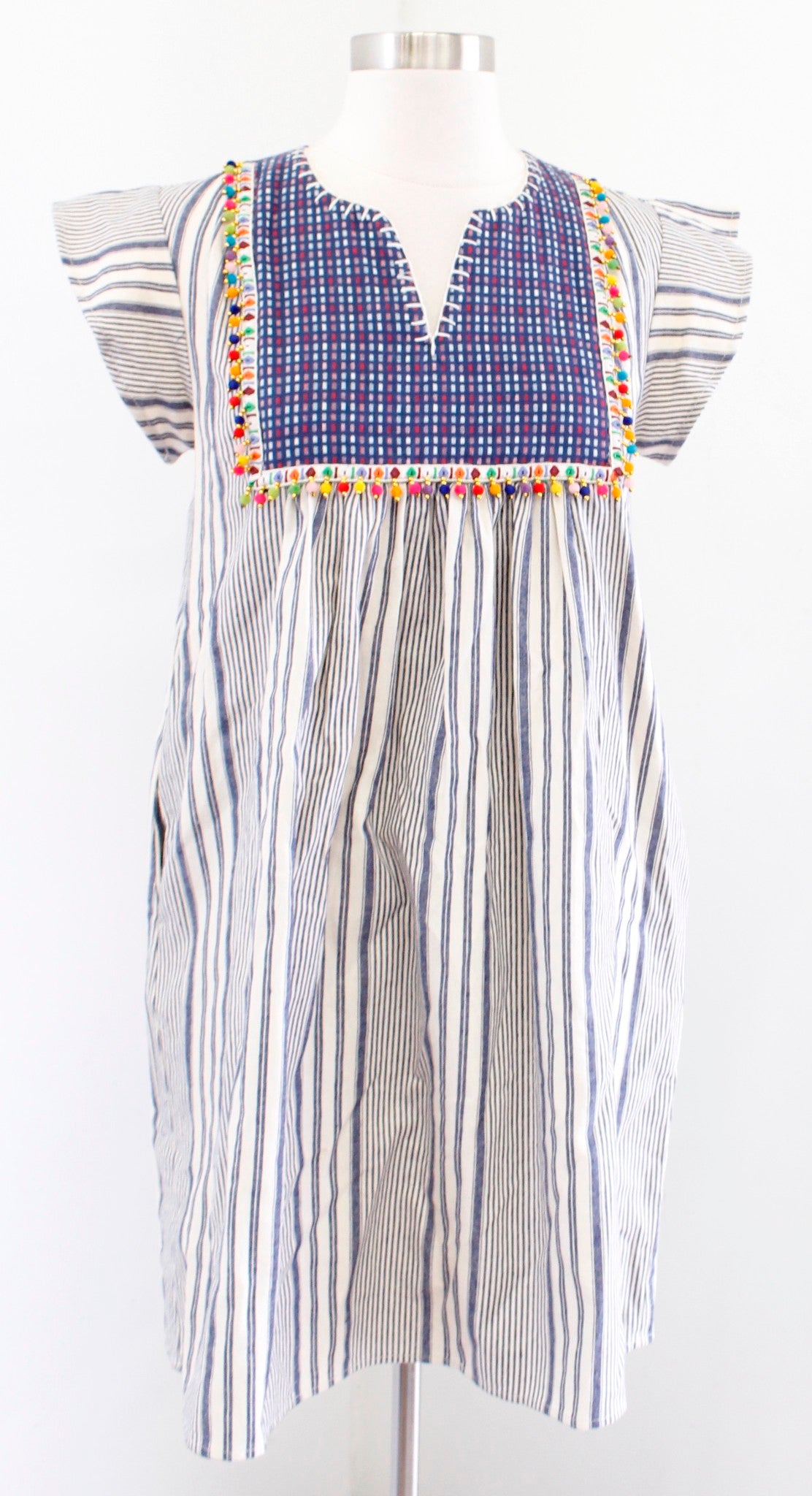 THML Striped Embroidered Pompom Trim Flutter Sleeve Tunic Shift Dress Size S