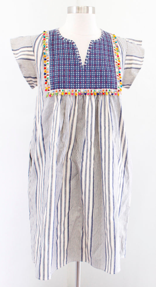 THML Striped Embroidered Pompom Trim Flutter Sleeve Tunic Shift Dress Size S