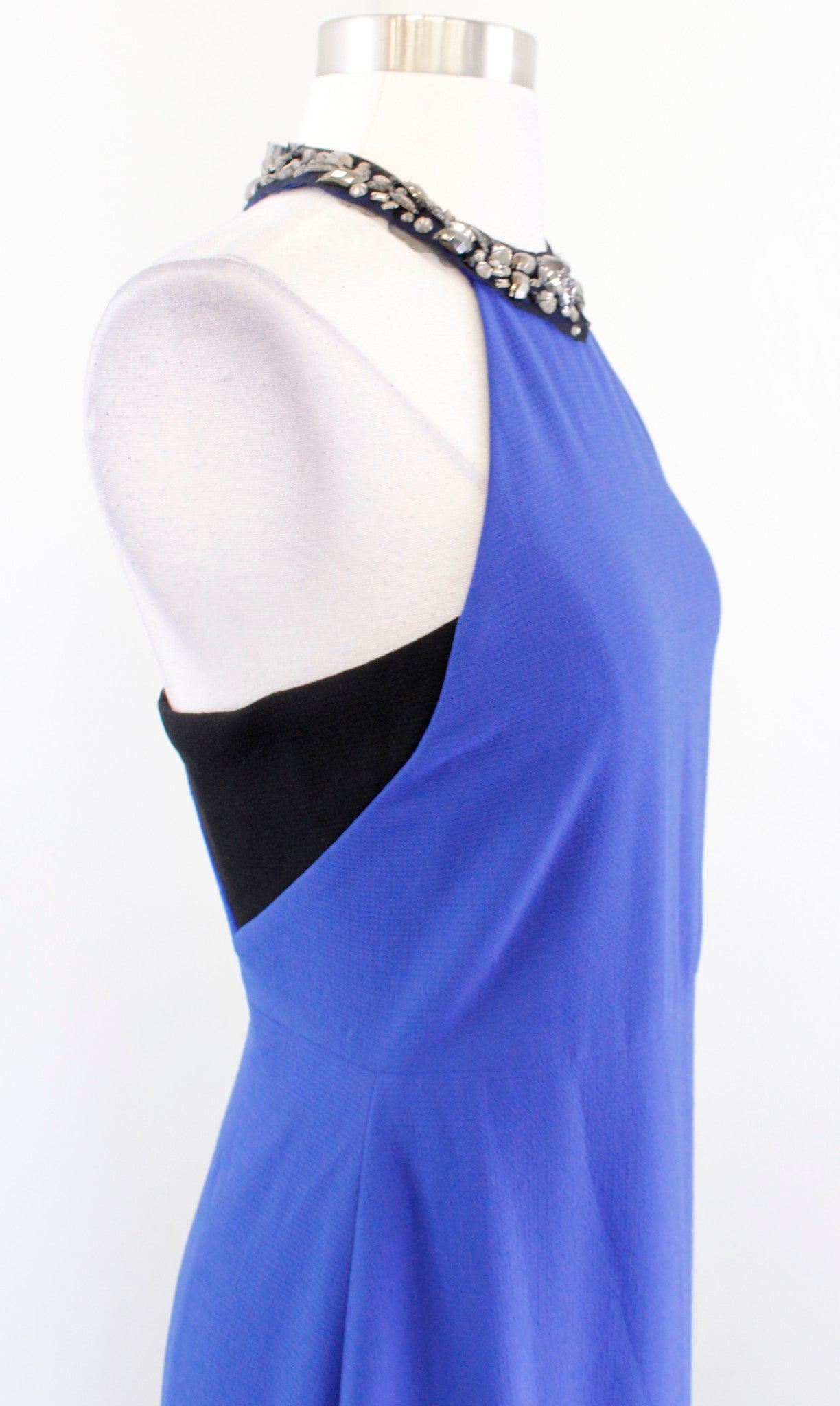 BCBG Max Azria Viviane Blue Beaded Collar Halter Evening Dress Formal Queen City Resale BCBG Max Azria Viviane Blue Beaded Collar Halter Evening Dress Formal Queen City Resale