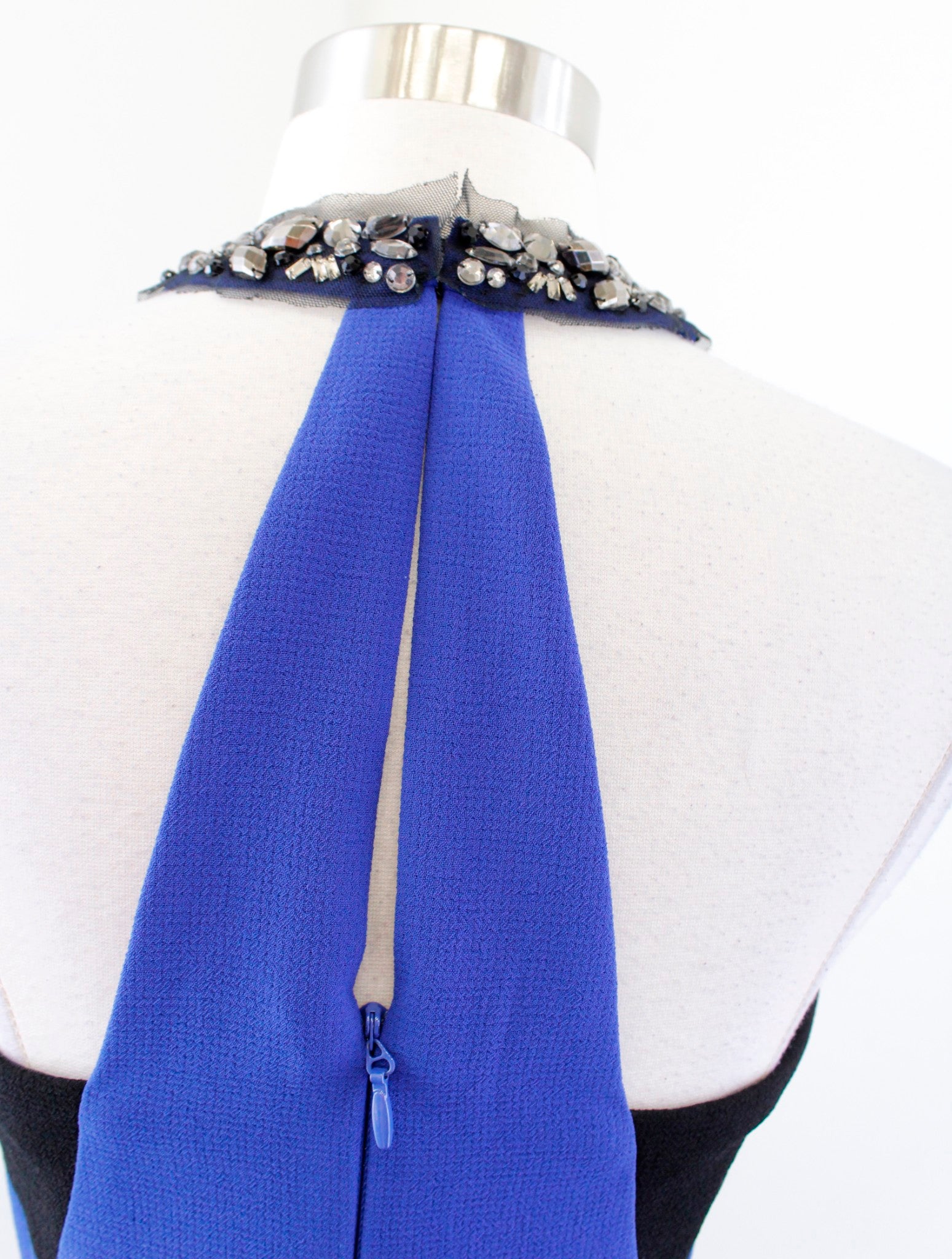 BCBG Max Azria Viviane Blue Beaded Collar Halter Evening Dress Formal Queen City Resale BCBG Max Azria Viviane Blue Beaded Collar Halter Evening Dress Formal Queen City Resale