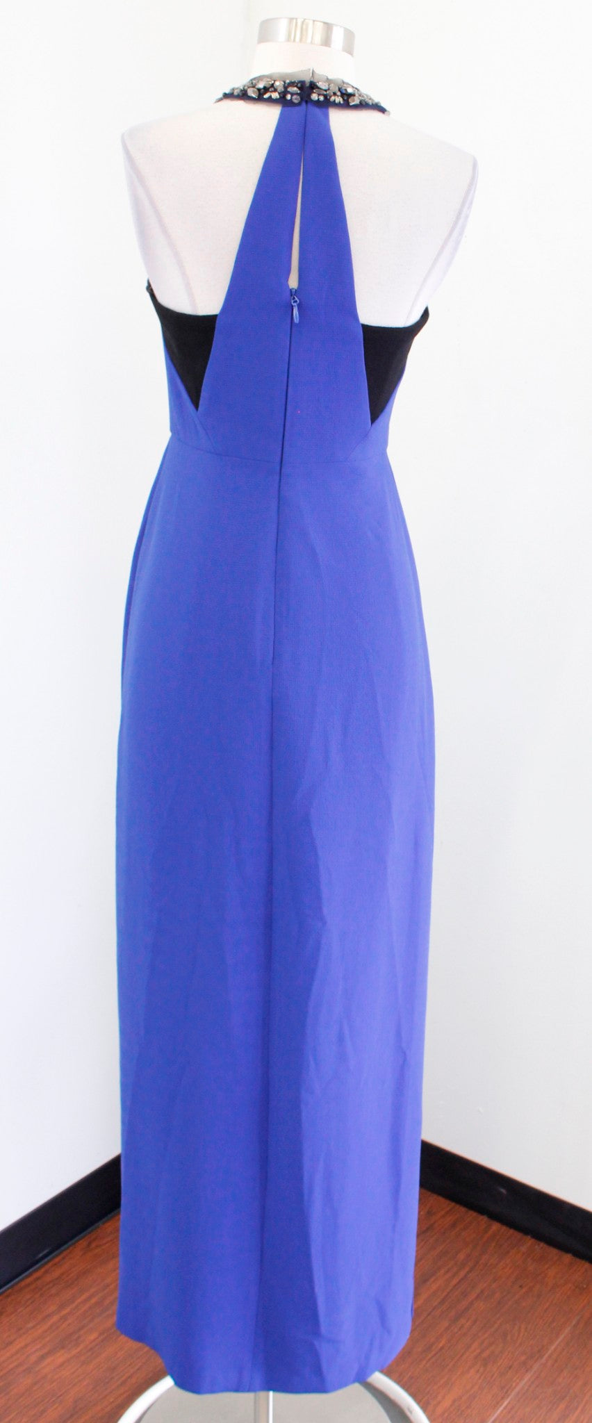 BCBG Max Azria Viviane Blue Beaded Collar Halter Evening Dress Formal Gown Sz 2