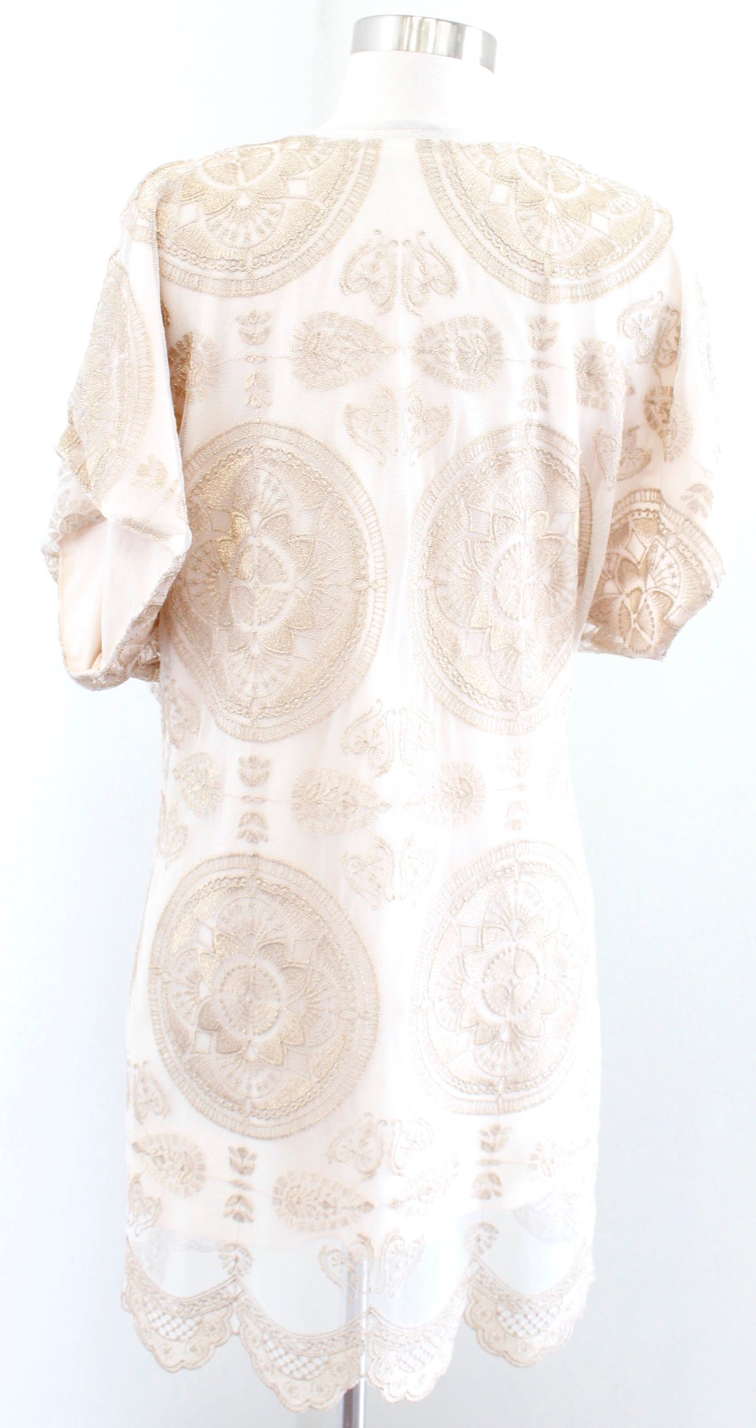 Jens Pirate Booty Ivory Gold Mandala Embroidered Mesh Tunic Dress Size S V Neck