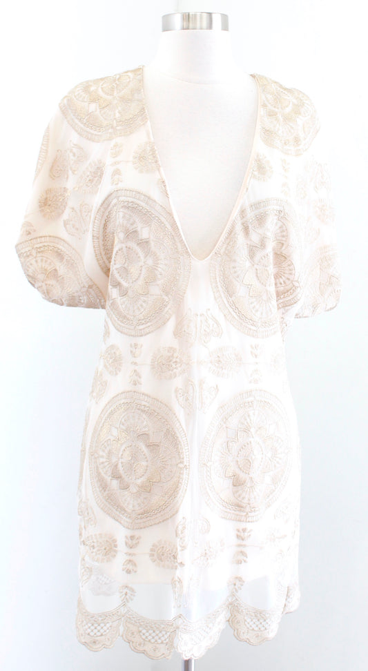 Jens Pirate Booty Ivory Gold Mandala Embroidered Mesh Tunic Dress Size S V Neck