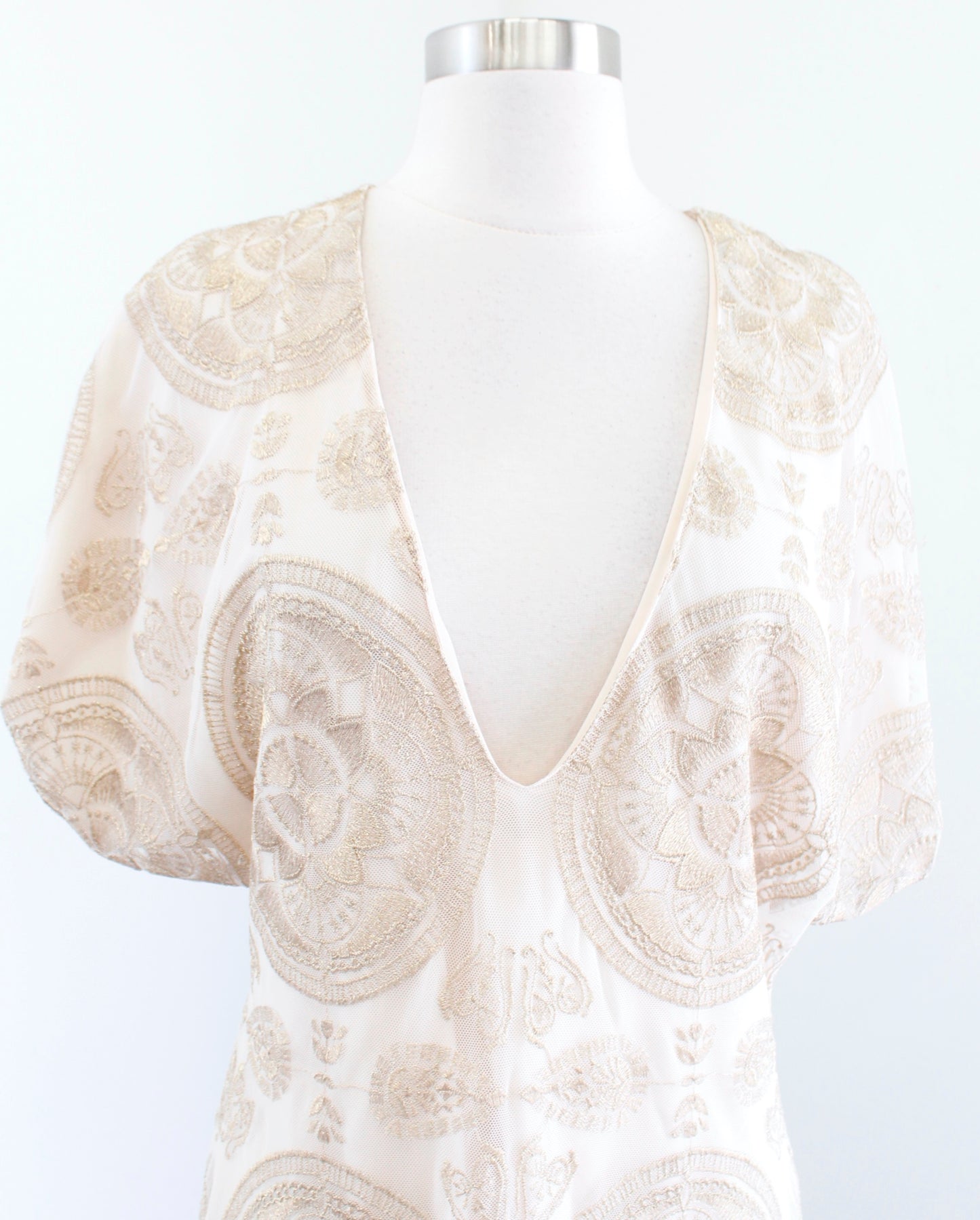 Jens Pirate Booty Ivory Gold Mandala Embroidered Mesh Tunic Dress Size S V Neck