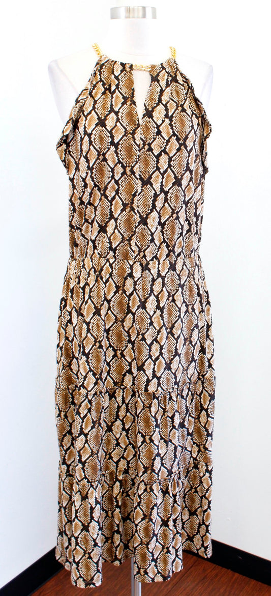 NWT Michael Kors Snakeskin Print Flutter Chain Halter Midi Dress Tiered Size S