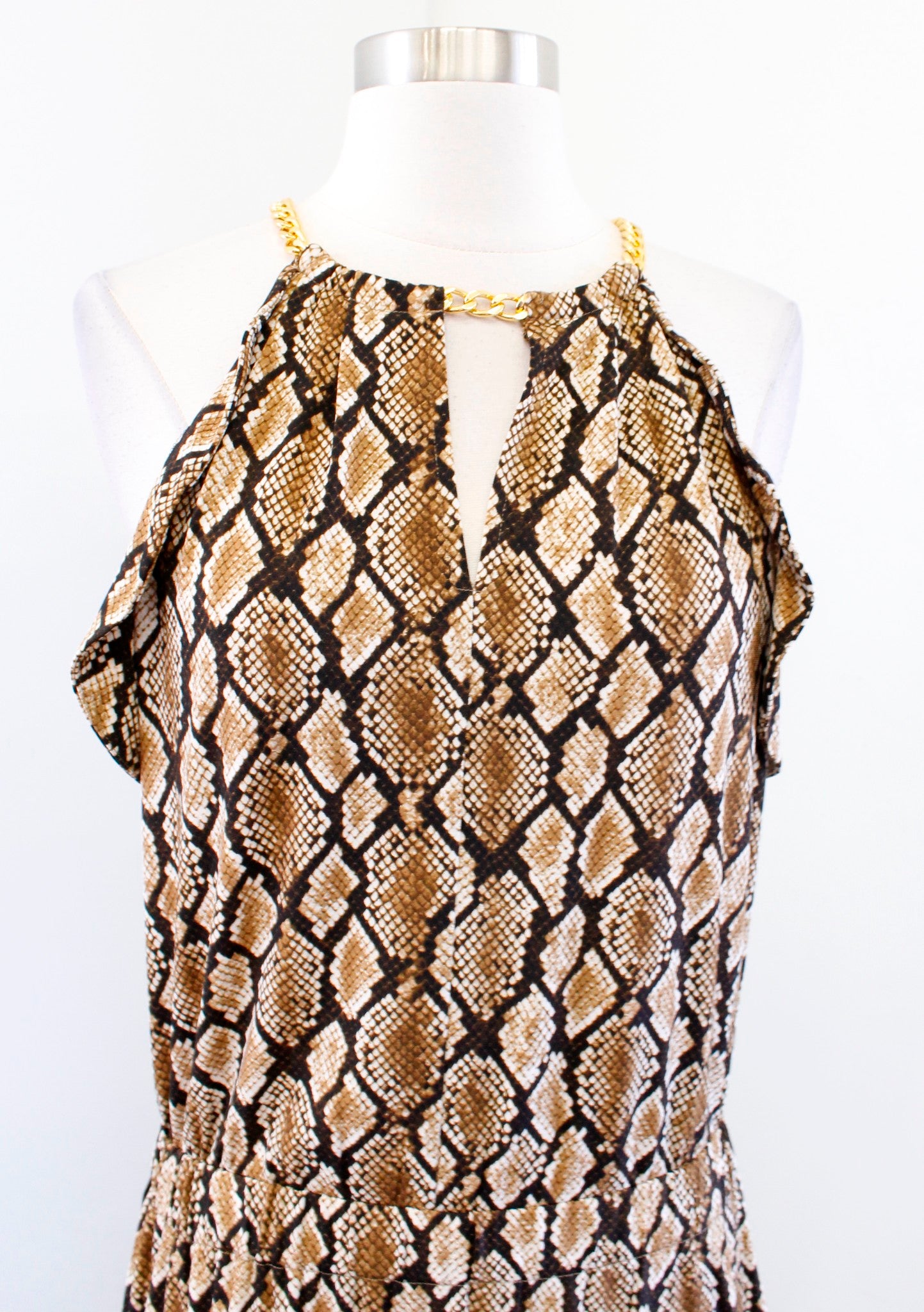 NWT Michael Kors Snakeskin Print Flutter Chain Halter Midi Dress Tiered Size S