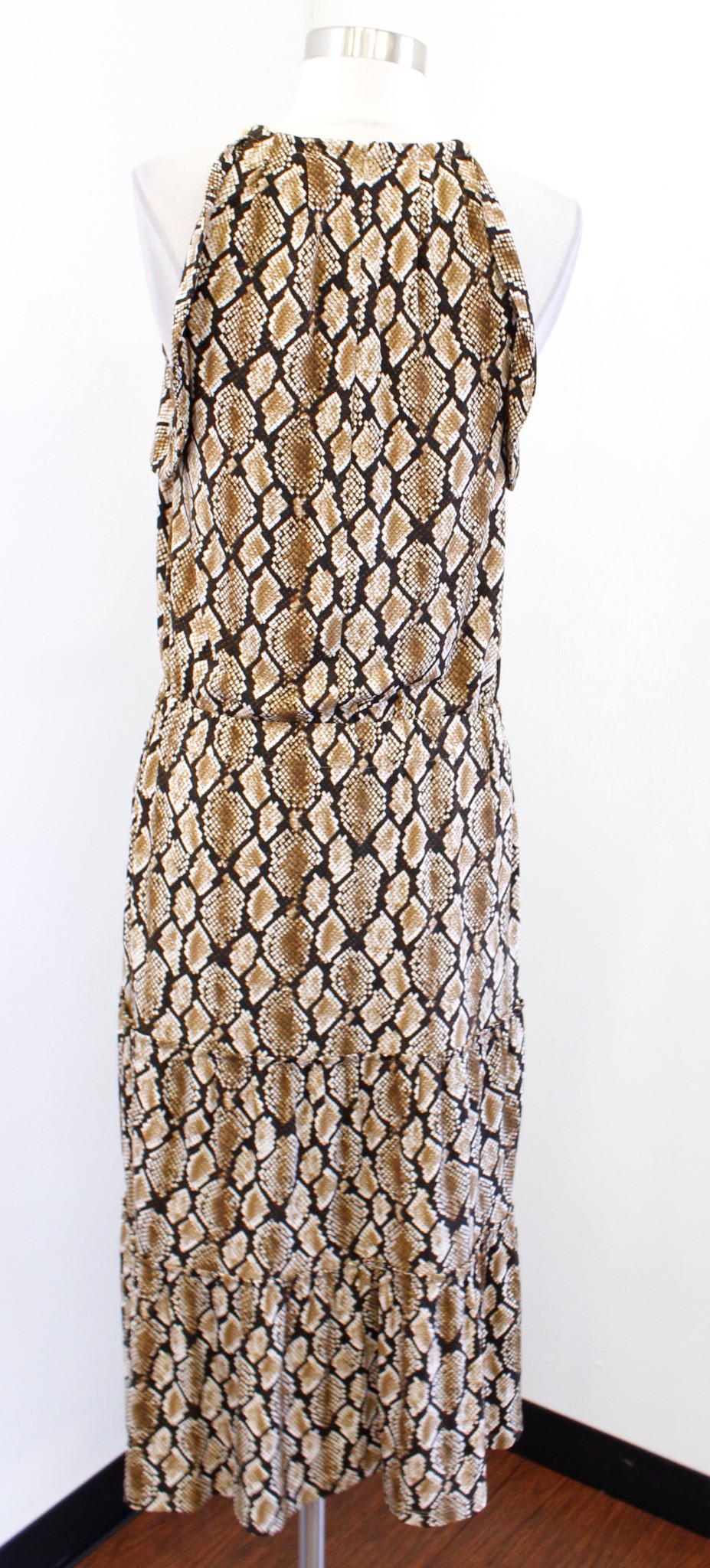 NWT Michael Kors Snakeskin Print Flutter Chain Halter Midi Dress Tiered Size S