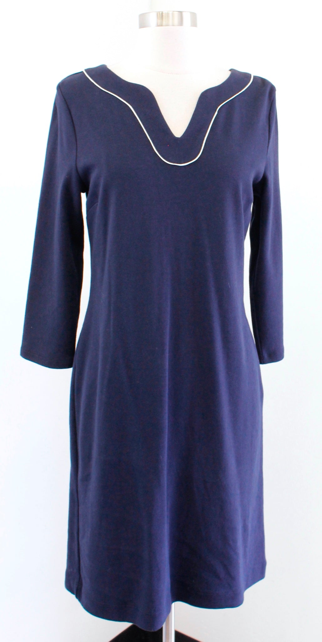 NWT Talbots Navy Blue White Tipped 3/4 Sleeve Knit Tunic Dress Size S Casual