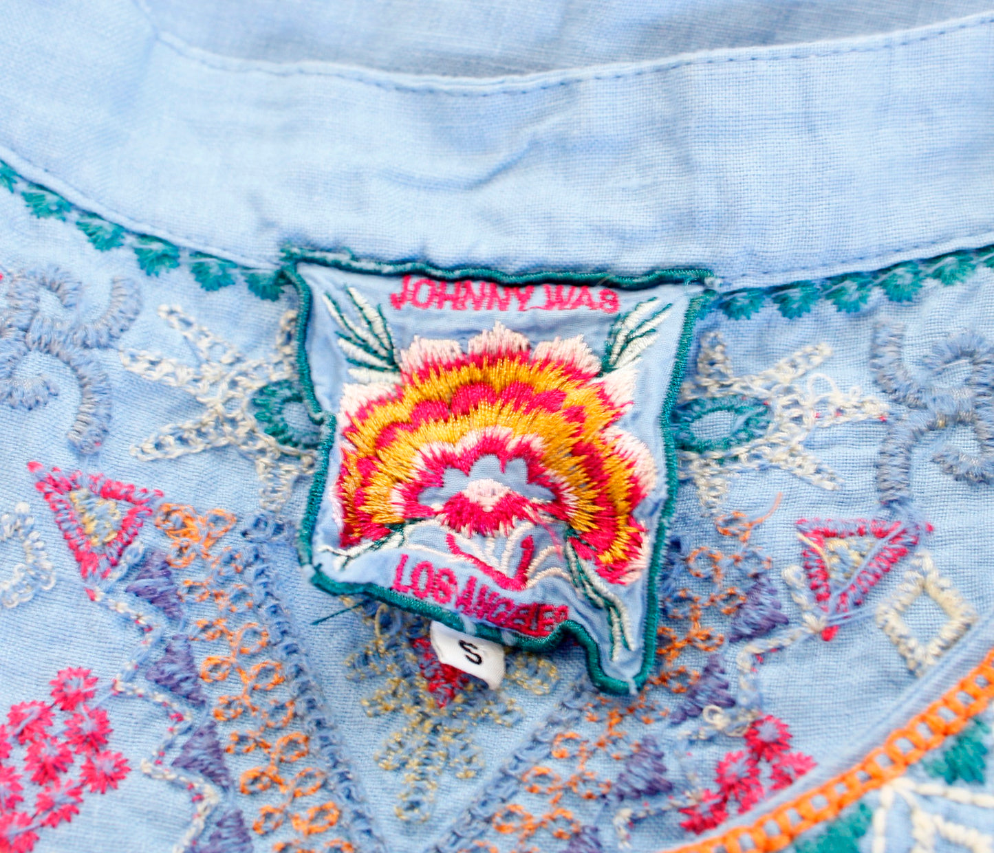 Johnny Was Annika Lace Up Embroidered Top Blouse Size S Blue Geometric Boho