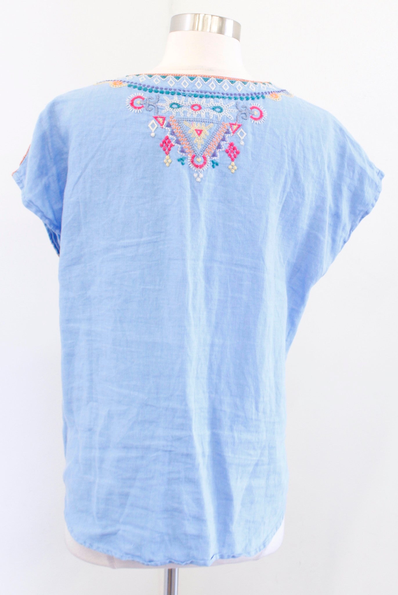 Johnny Was Annika Lace Up Embroidered Top Blouse Size S Blue Geometric Boho