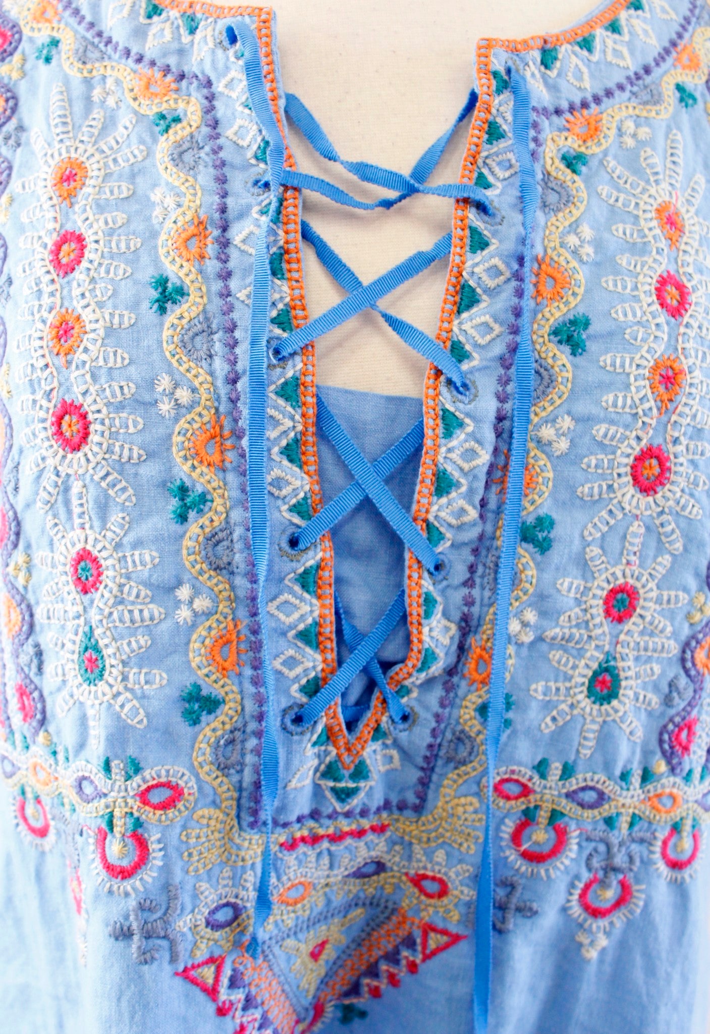 Johnny Was Annika Lace Up Embroidered Top Blouse Size S Blue Geometric Boho