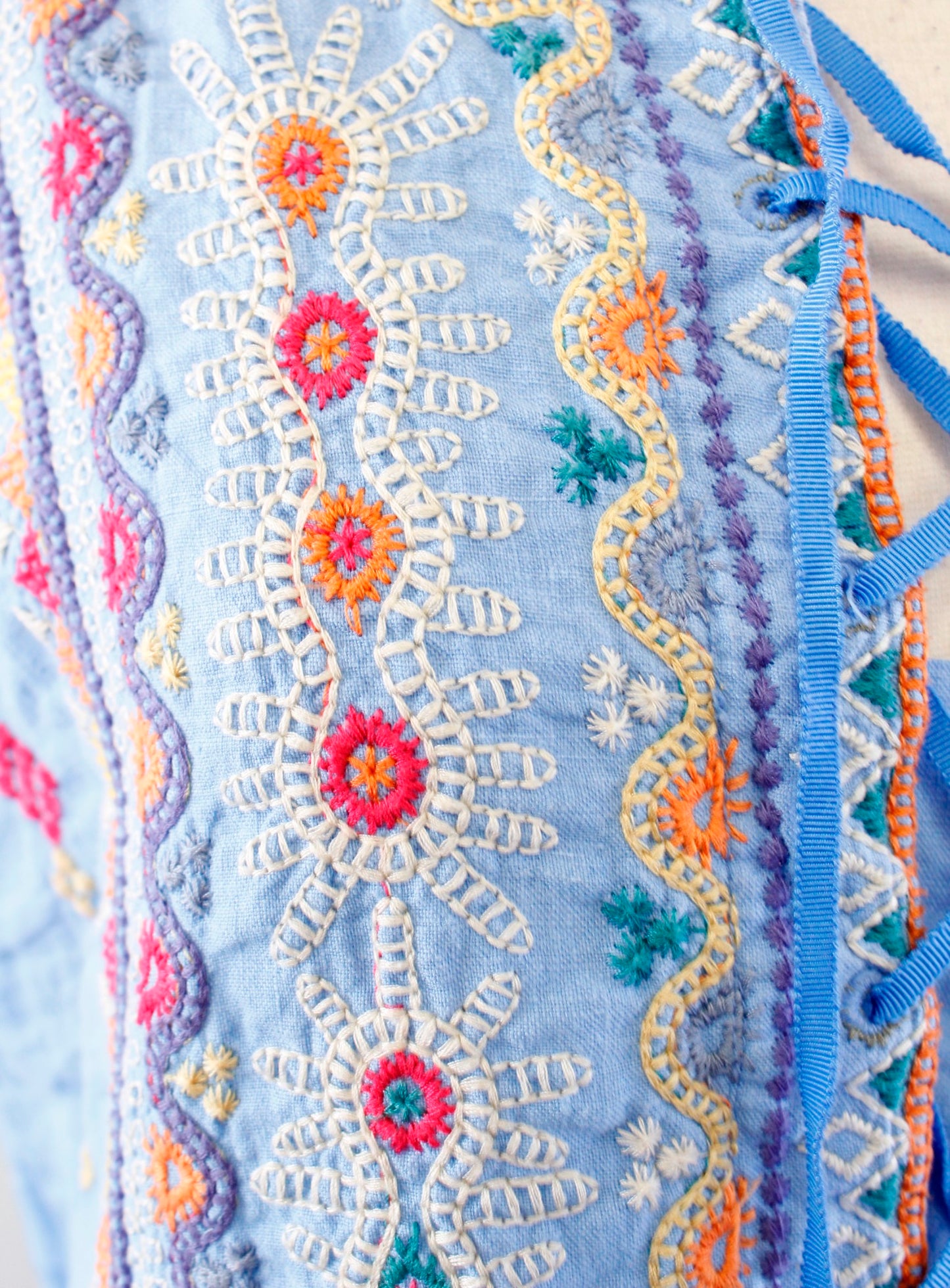 Johnny Was Annika Lace Up Embroidered Top Blouse Size S Blue Geometric Boho