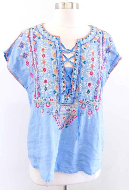 Johnny Was Annika Lace Up Embroidered Top Blouse Size S Blue Geometric Boho