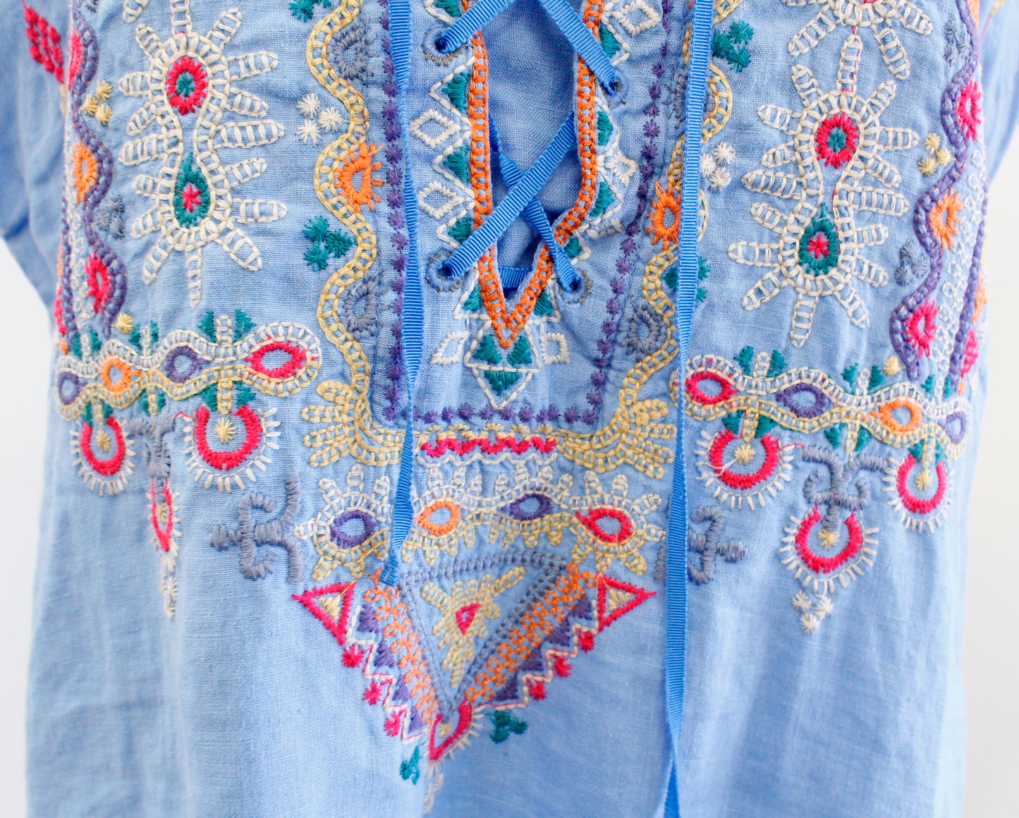 Johnny Was Annika Lace Up Embroidered Top Blouse Size S Blue Geometric Boho
