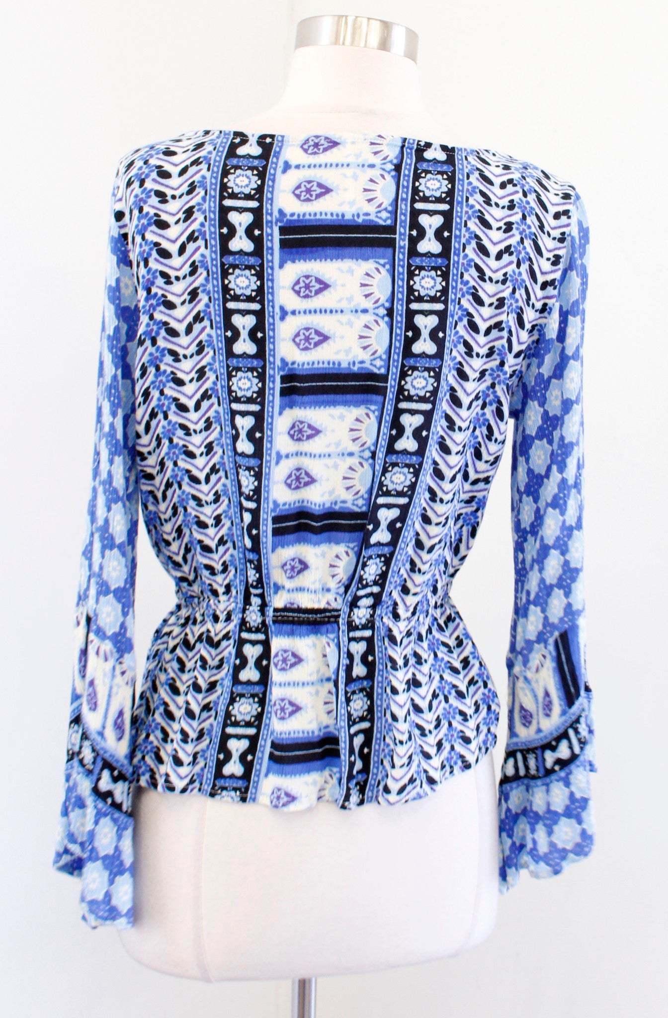 Free People Rosalie Indigo Combo Blue Printed Faux Wrap Top Blouse Size S Boho