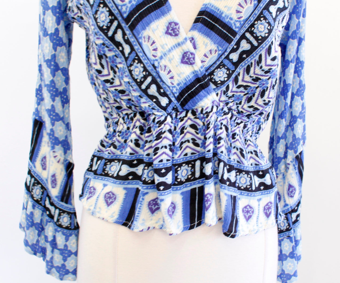 Free People Rosalie Indigo Combo Blue Printed Faux Wrap Top Blouse Size S Boho