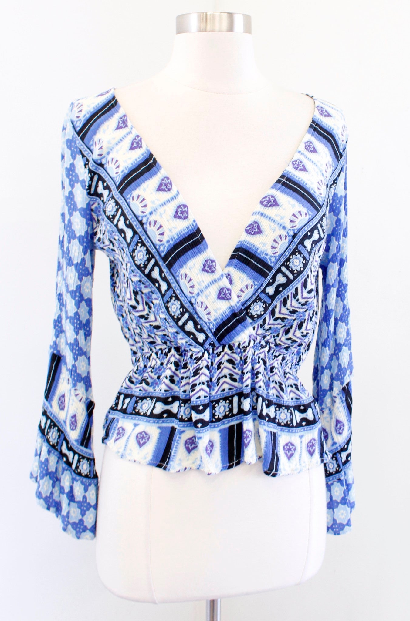 Free People Rosalie Indigo Combo Blue Printed Faux Wrap Top Blouse Size S Boho