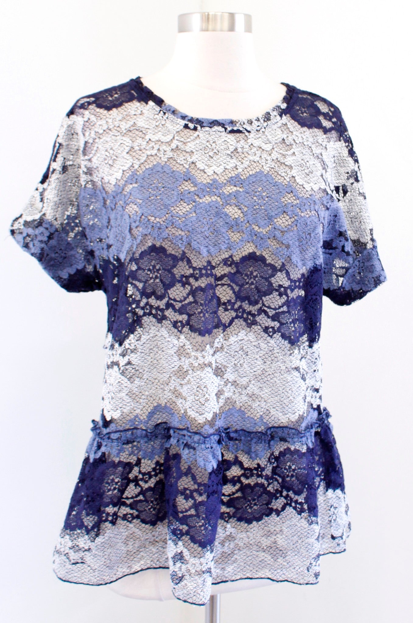 Eva Franco Anthropologie Sheer Striped Lace Peplum Top Blouse Size L Navy Blue Short Sleeve