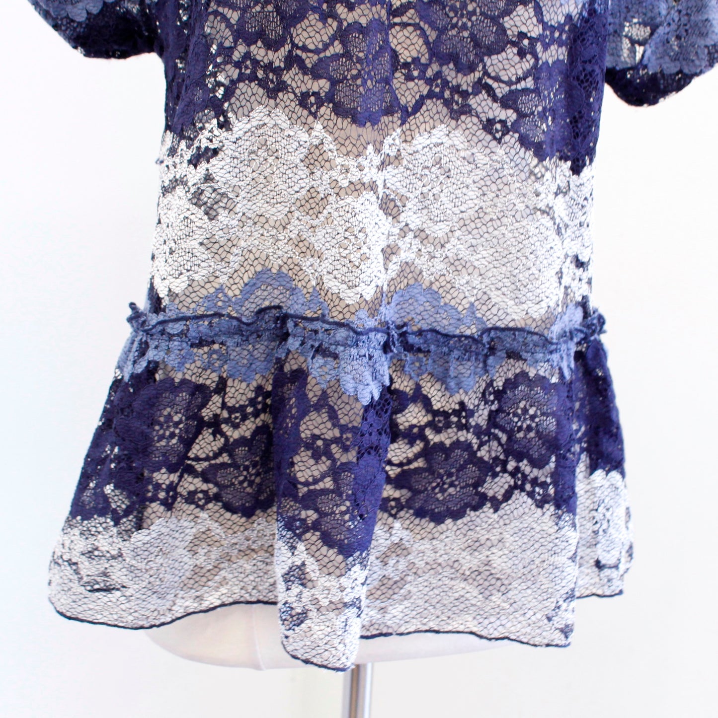 Eva Franco Anthropologie Sheer Striped Lace Peplum Top Blouse Size L Navy Blue Short Sleeve