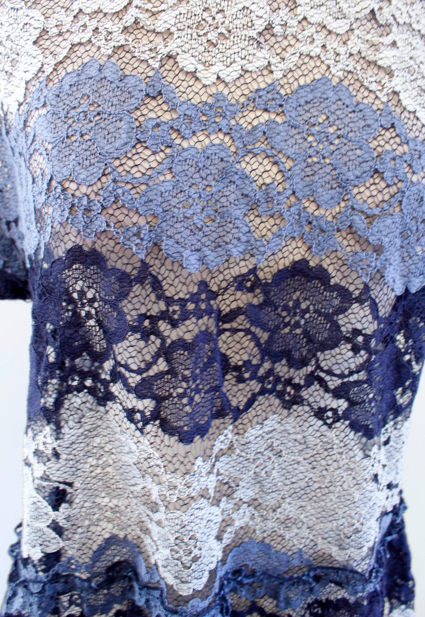 Eva Franco Anthropologie Sheer Striped Lace Peplum Top Blouse Size L Navy Blue Short Sleeve