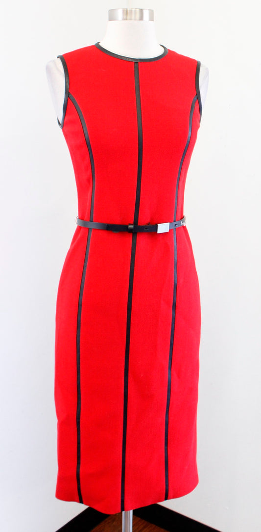 Michael Kors Collection Italy Red Black Wool Leather Trim Sheath Dress Size 2