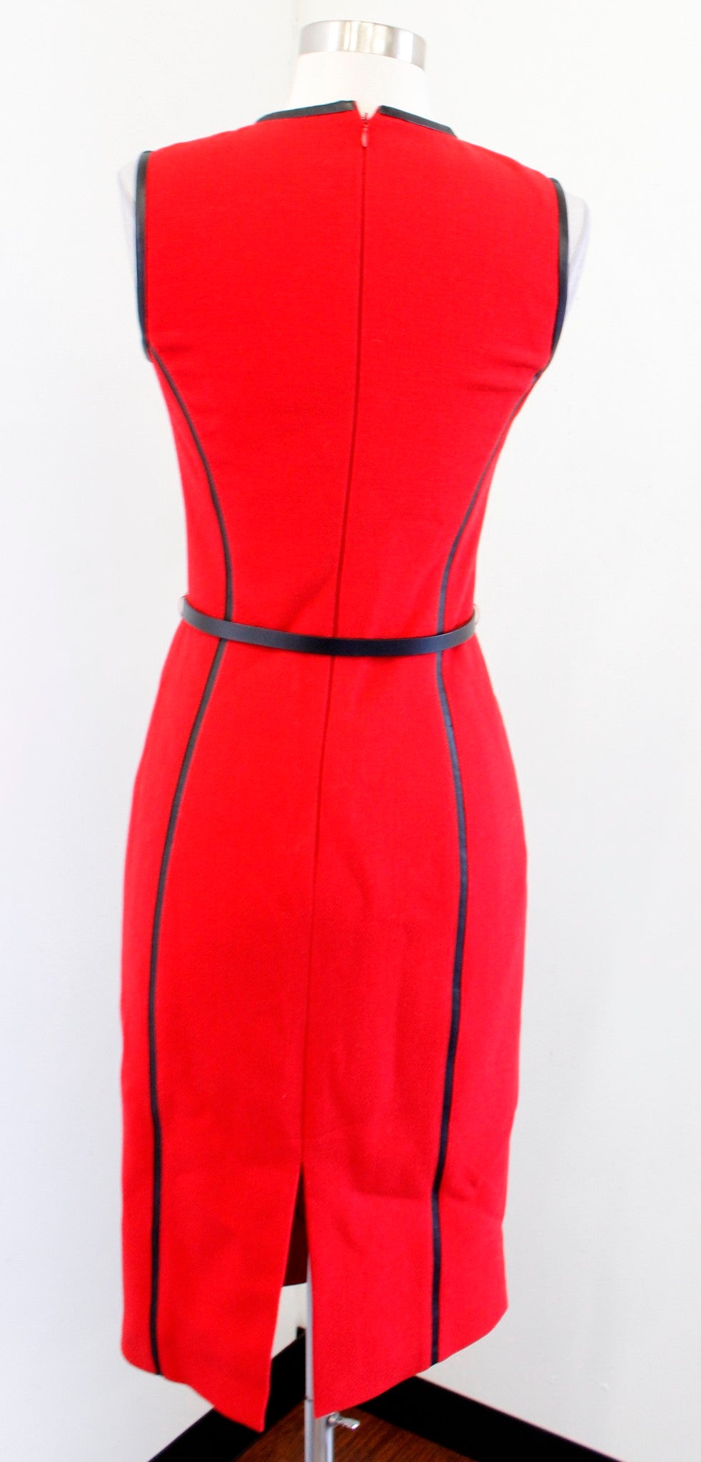 Michael Kors Collection Italy Red Black Wool Leather Trim Sheath Dress Size 2