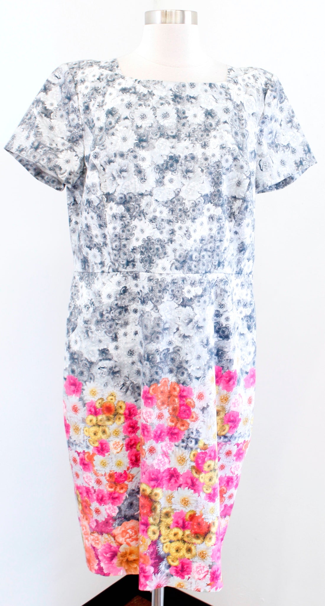 Talbots Gray Short Sleeve Ombre Floral Print Sheath Dress Size 14 Pink Yellow
