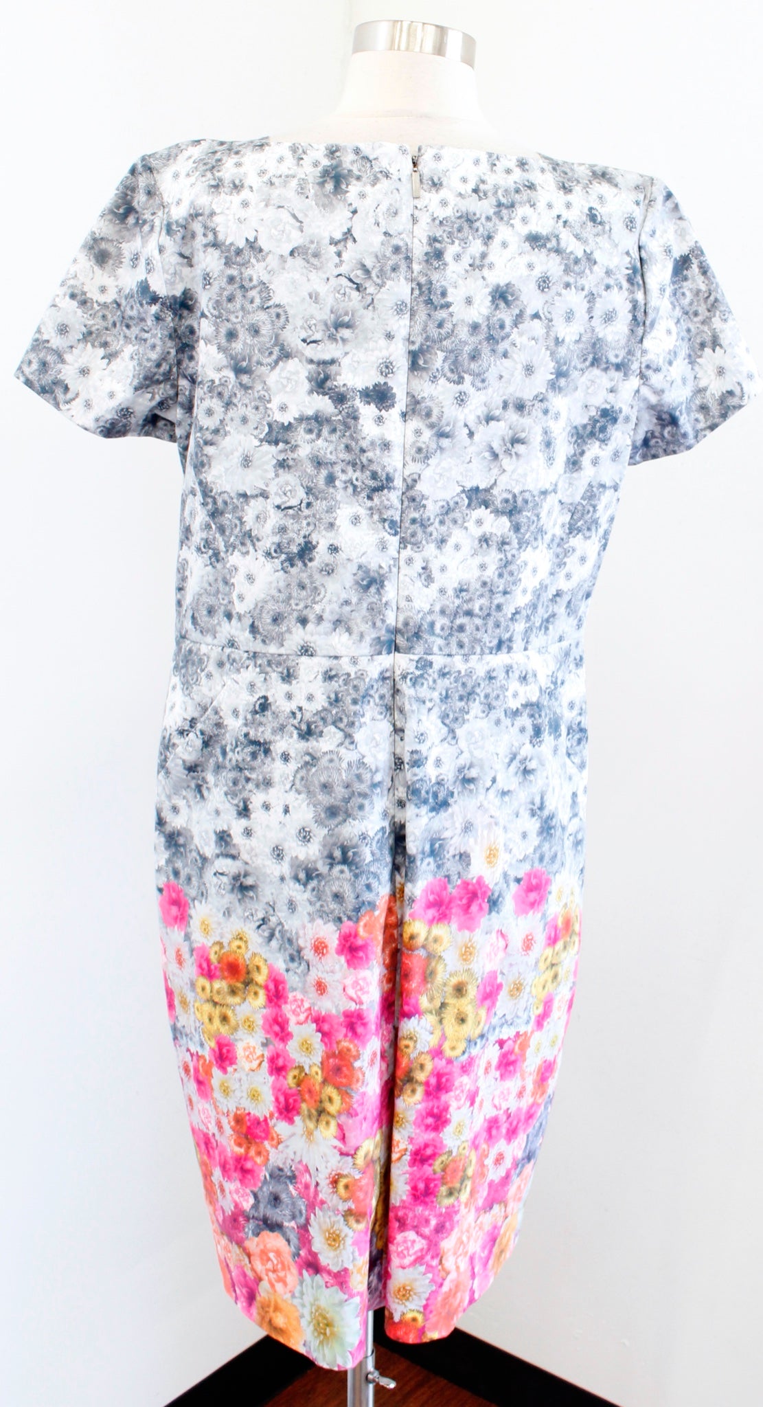 Talbots Gray Short Sleeve Ombre Floral Print Sheath Dress Size 14 Pink Yellow