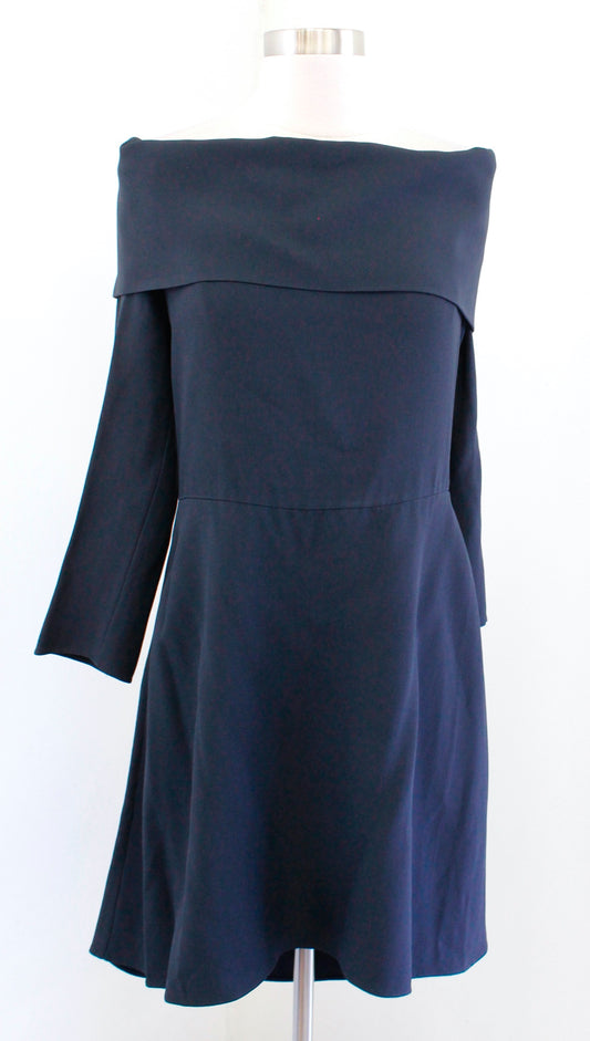 NWT Theory Kensington Navy Blue Foldover Off the Shoulder Dress Hi Lo Size 10