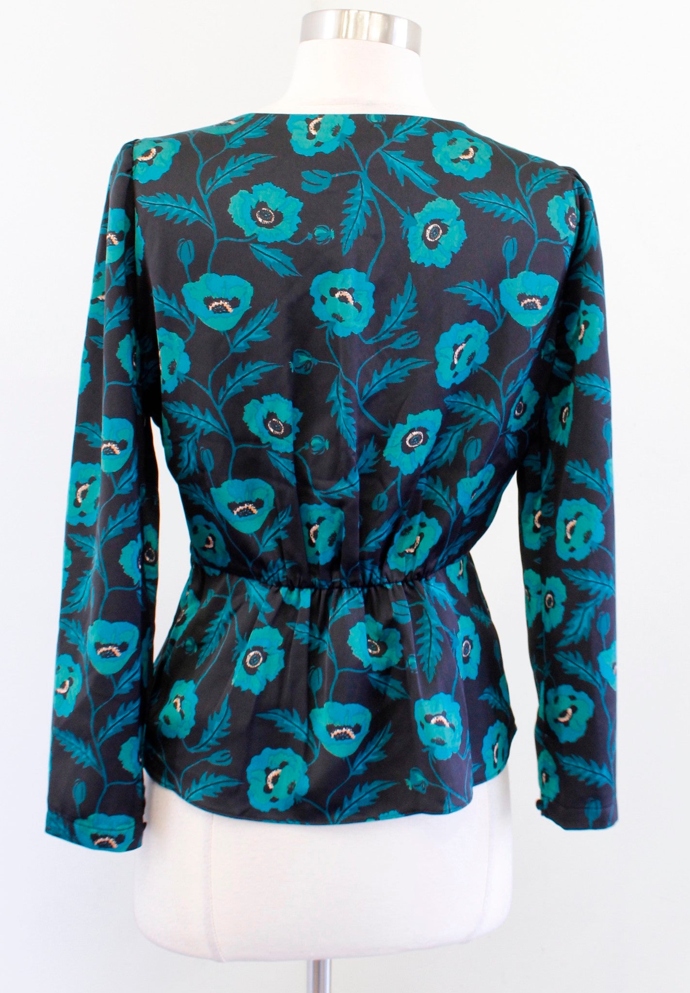 J Crew Black Teal Green Poppy Floral Print Satin Peplum Top Blouse Size 2