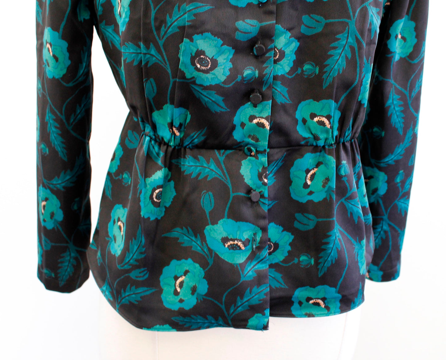 J Crew Black Teal Green Poppy Floral Print Satin Peplum Top Blouse Size 2