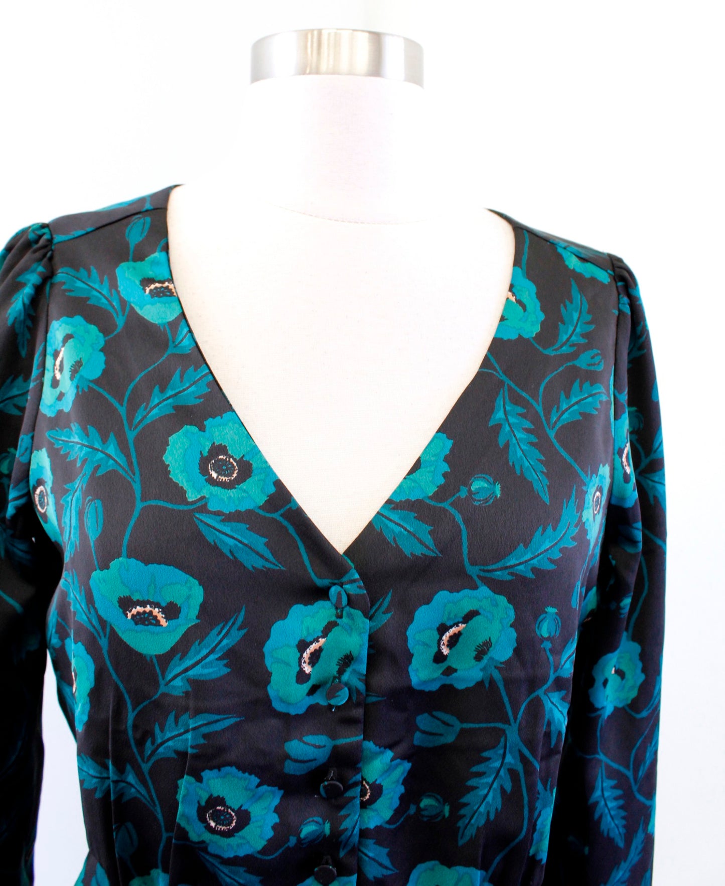 J Crew Black Teal Green Poppy Floral Print Satin Peplum Top Blouse Size 2