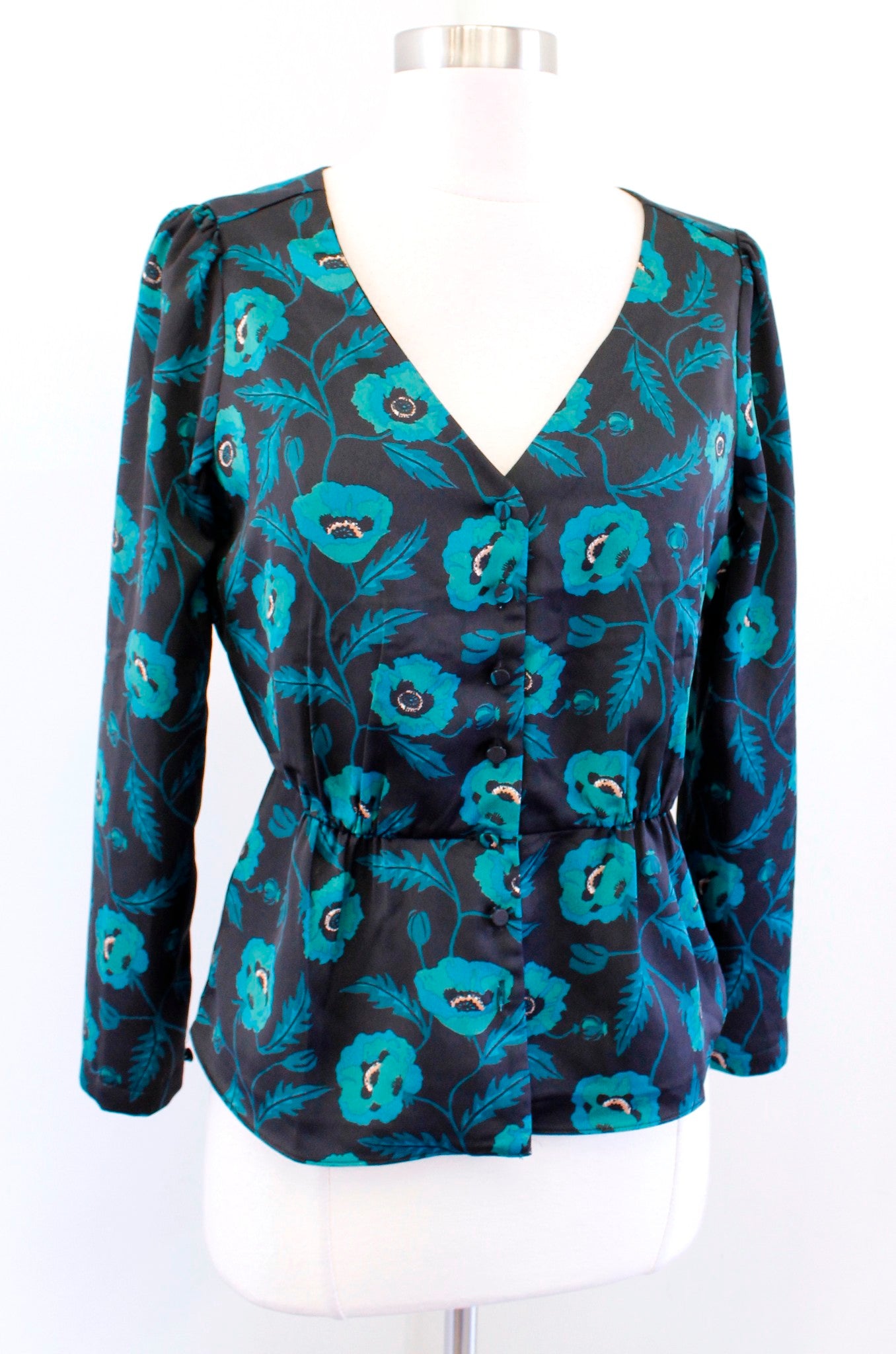 J Crew Black Teal Green Poppy Floral Print Satin Peplum Top Blouse Size 2