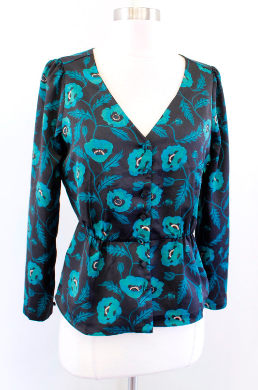 J Crew Black Teal Green Poppy Floral Print Satin Peplum Top Blouse Size 2