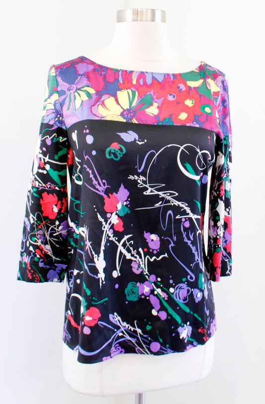 Elie Tahari Black Colorful Abstract Floral Print Silk Top Blouse 3/4 Sleeve XS