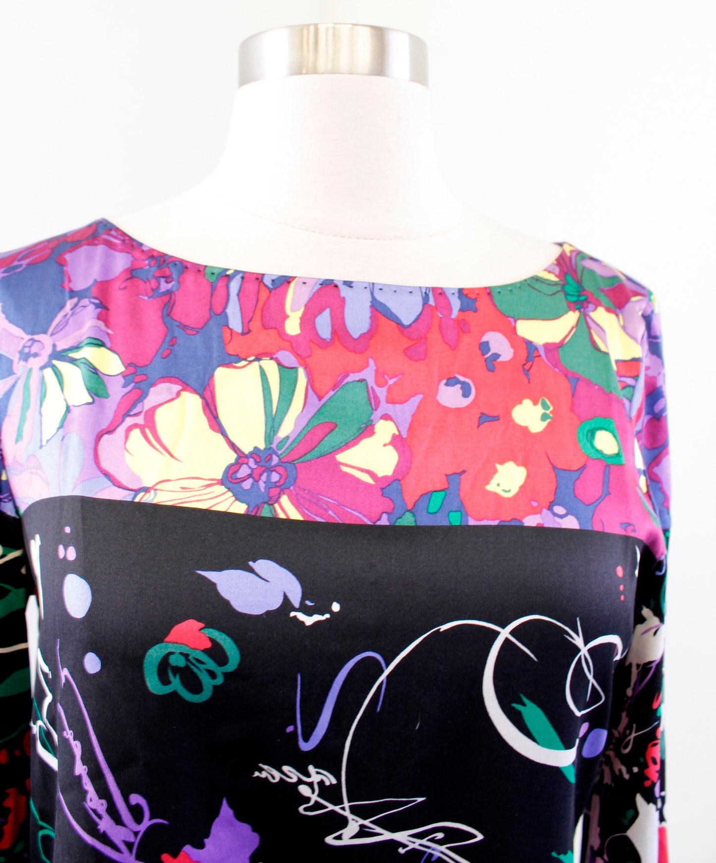 Elie Tahari Black Colorful Abstract Floral Print Silk Top Blouse 3/4 Sleeve XS