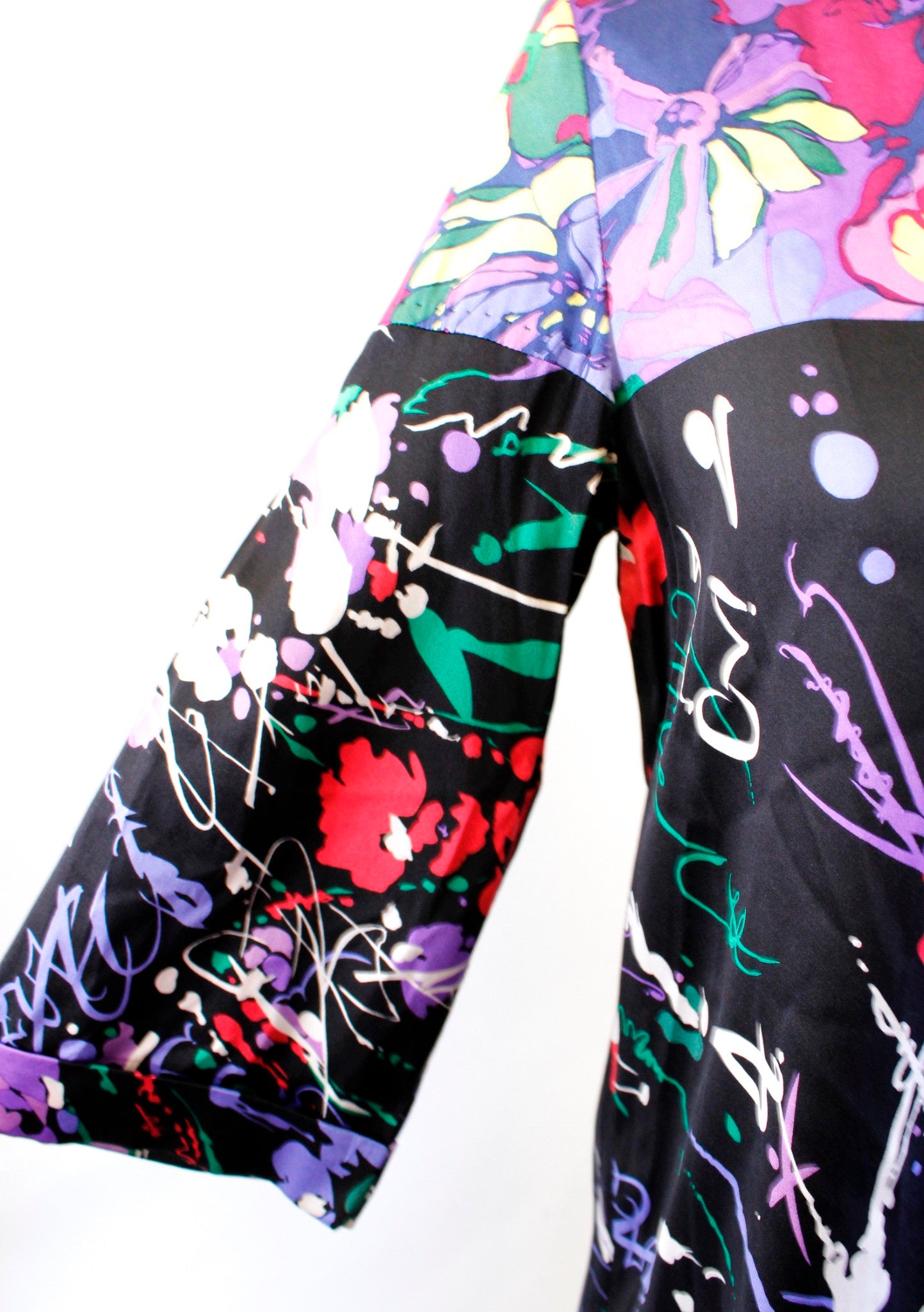 Elie Tahari Black Colorful Abstract Floral Print Silk Top Blouse 3/4 Sleeve XS