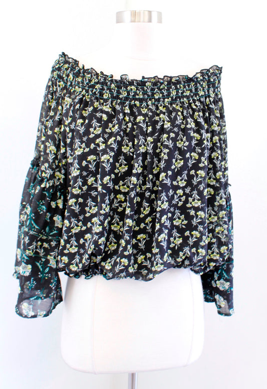 Free People Rose Valley Black Floral Print Off the Shoulder Bell Sleeve Top Sz S