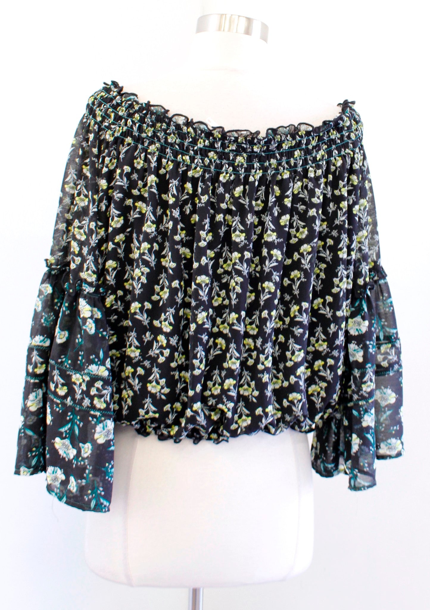 Free People Rose Valley Black Floral Print Off the Shoulder Bell Sleeve Top Sz S