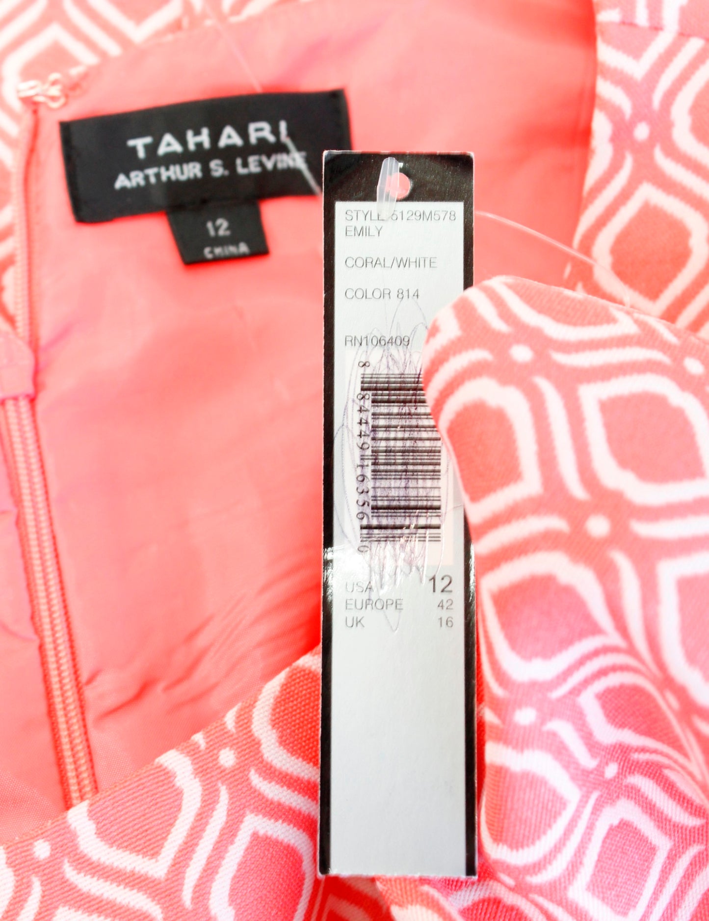 NWT Tahari ASL Levine Coral White Geometric Print Fit and Flare Dress Size 12