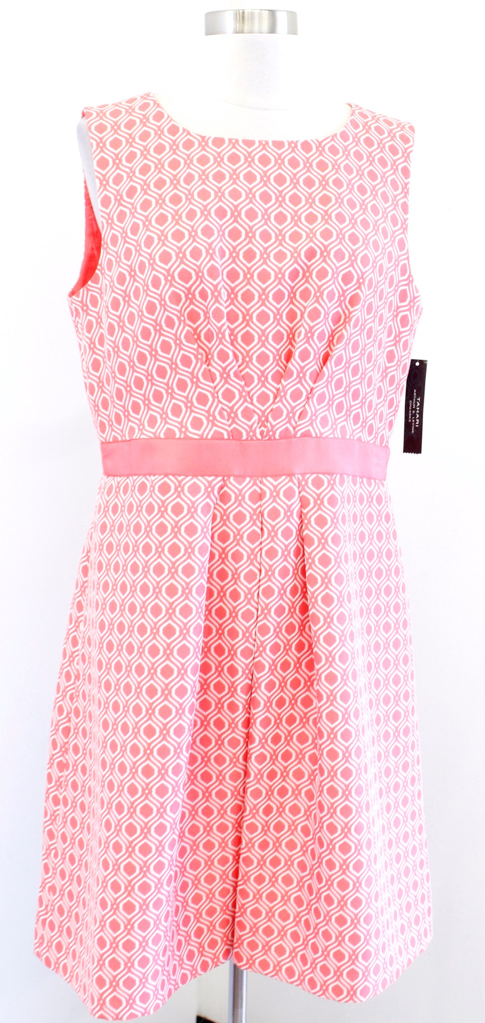 NWT Tahari ASL Levine Coral White Geometric Print Fit and Flare Dress Size 12