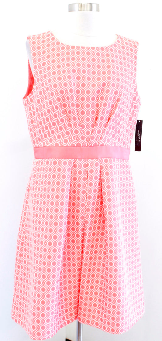 NWT Tahari ASL Levine Coral White Geometric Print Fit and Flare Dress Size 12