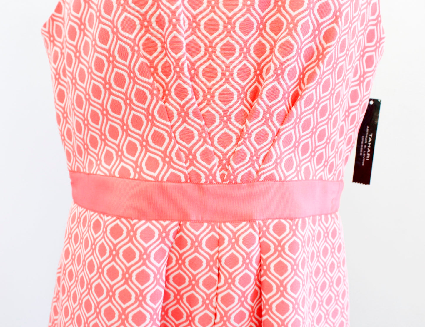 NWT Tahari ASL Levine Coral White Geometric Print Fit and Flare Dress Size 12