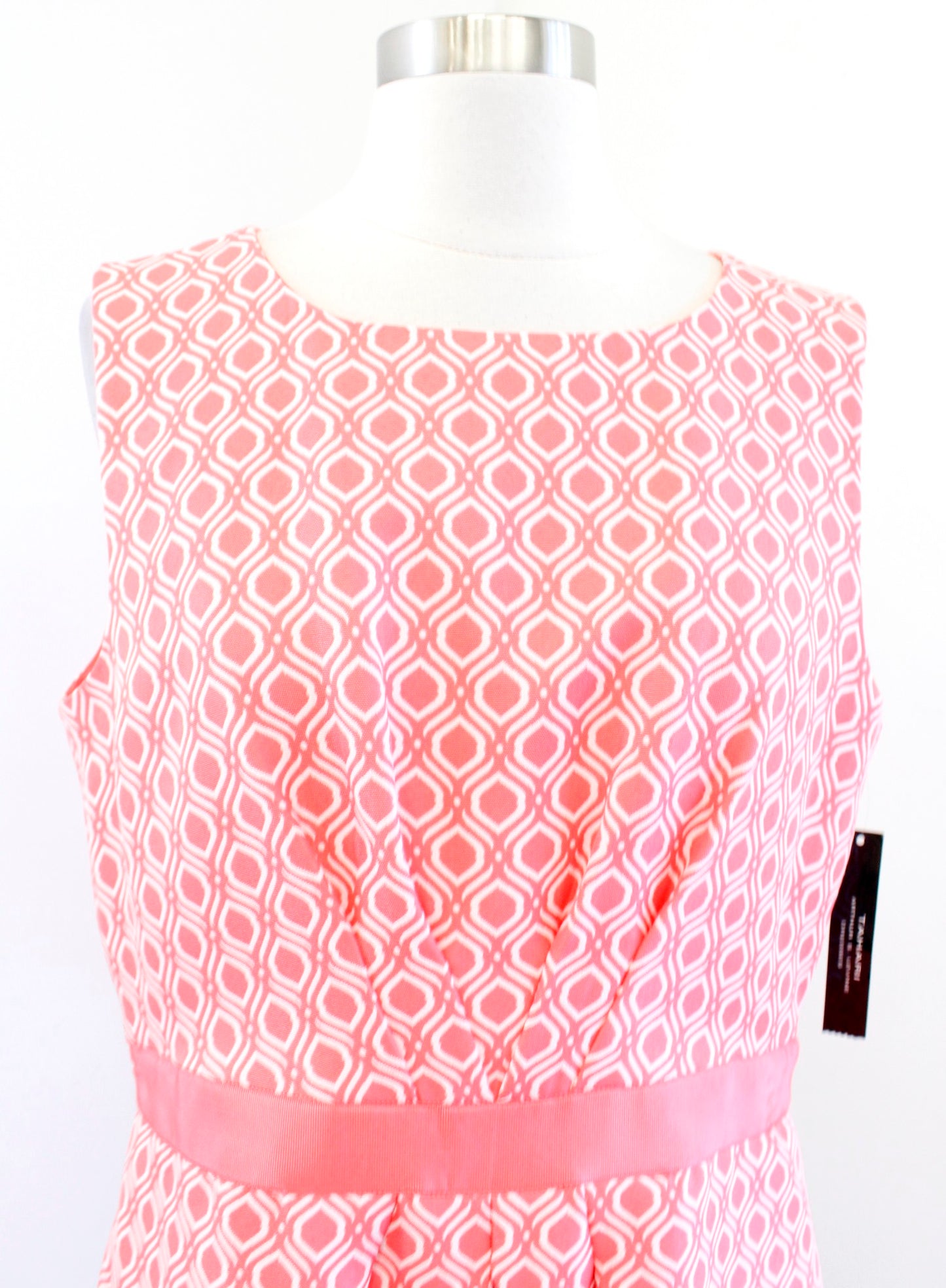 NWT Tahari ASL Levine Coral White Geometric Print Fit and Flare Dress Size 12