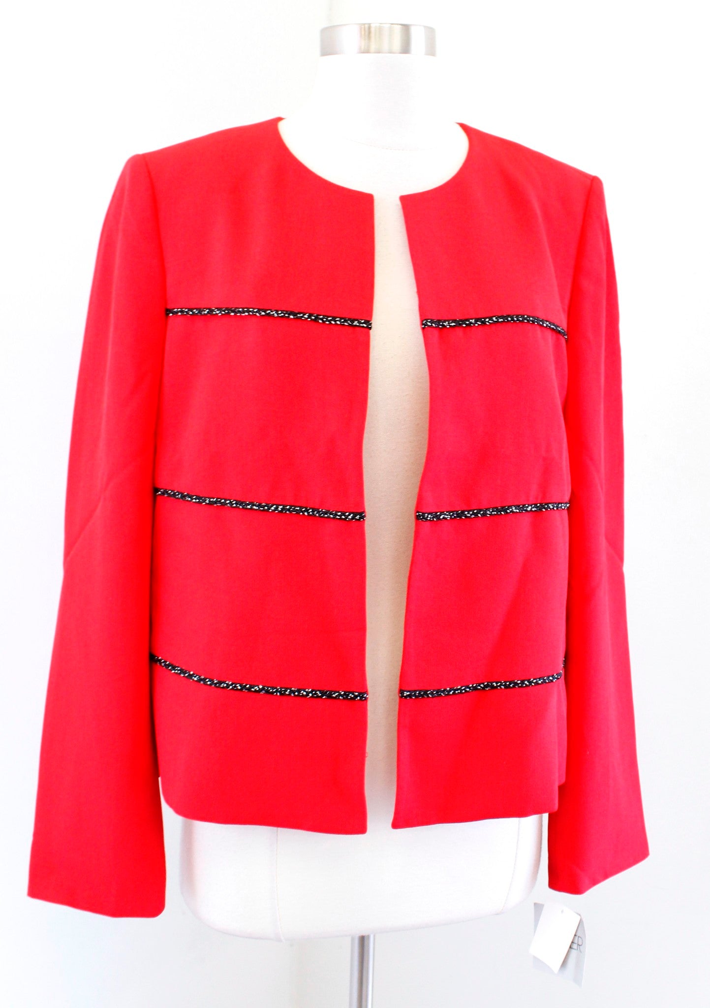 NWT Kasper Red Black Metallic Trimmed Open Collarless Blazer Jacket Size 10