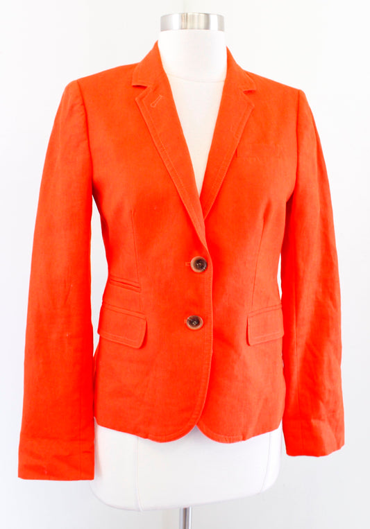 J Crew Womens Solid Bold Orange Linen Schoolboy Blazer Suit Jacket Size 2